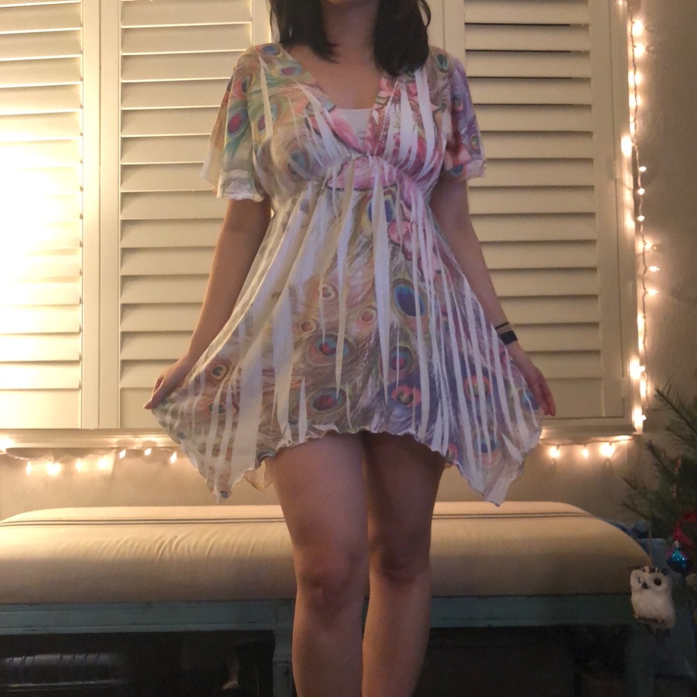 Peacock print hankerchief hem dress